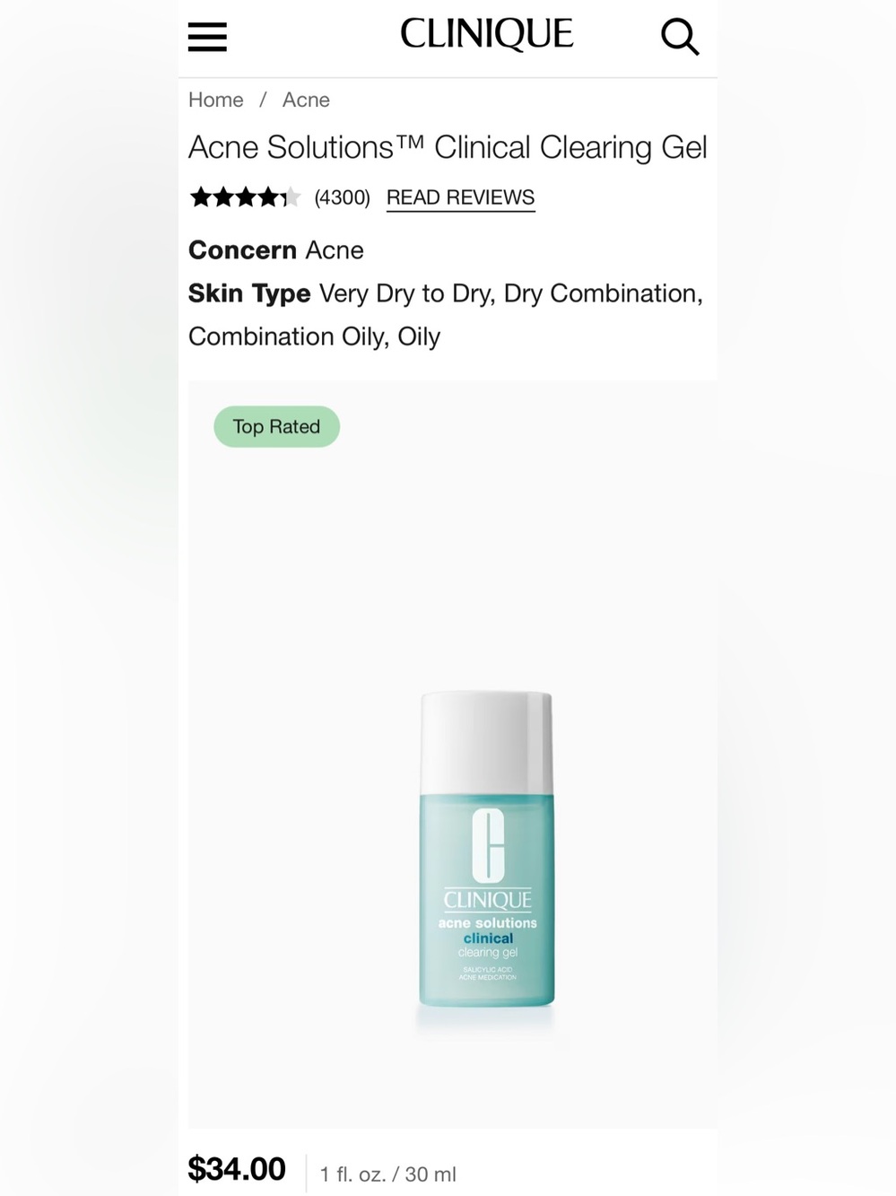 Clinique Acne Solutions Clinical Clearing Gel in Light Aqua and White 30ML